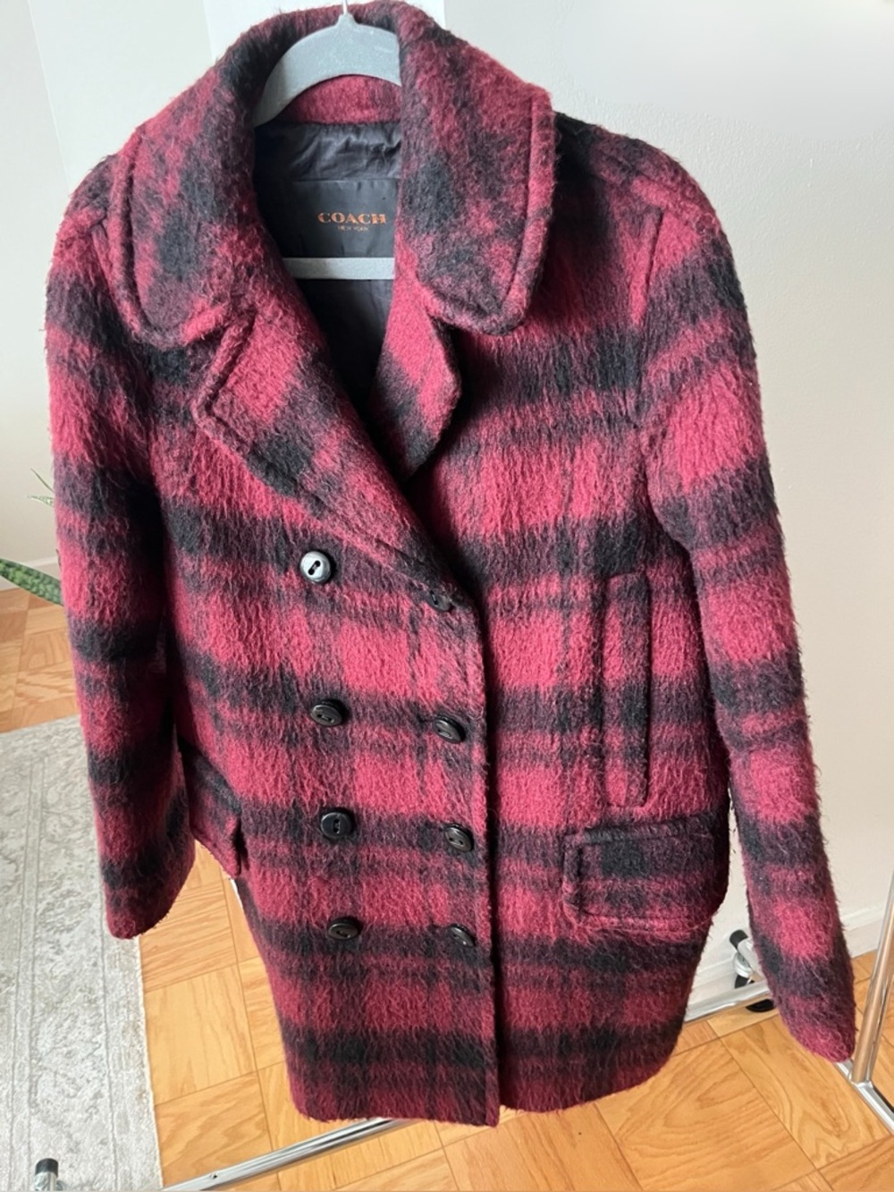 Coach Burgundy/Black Plaid Coat, Double-Breasted Wool Alpaca Blend - Size M